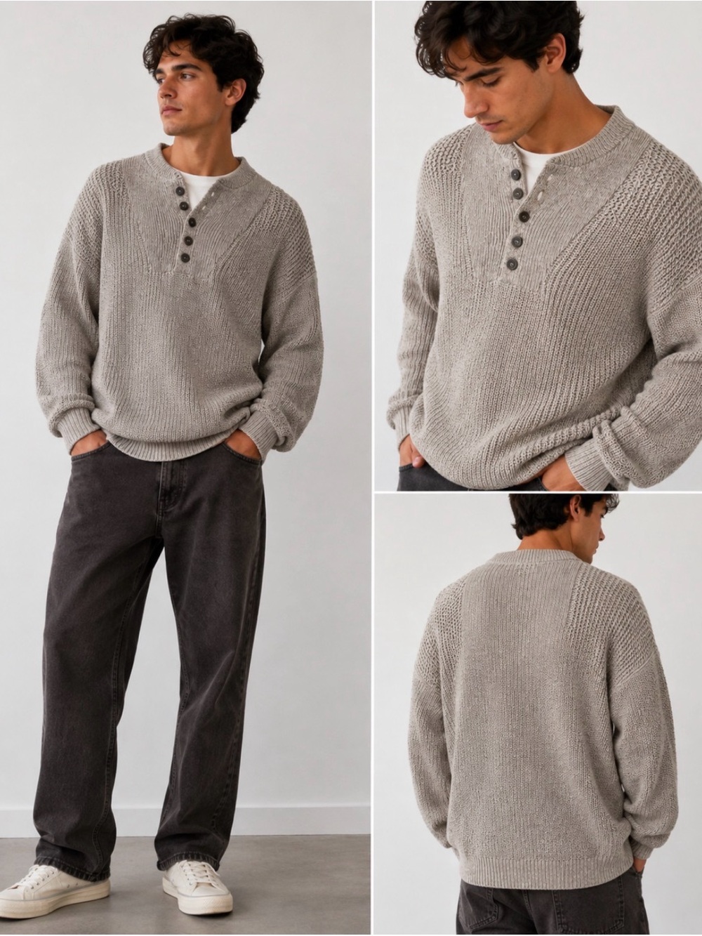 Eddie Bauer Men’s Small Oatmeal Chunky Knit Henley Pullover Sweater